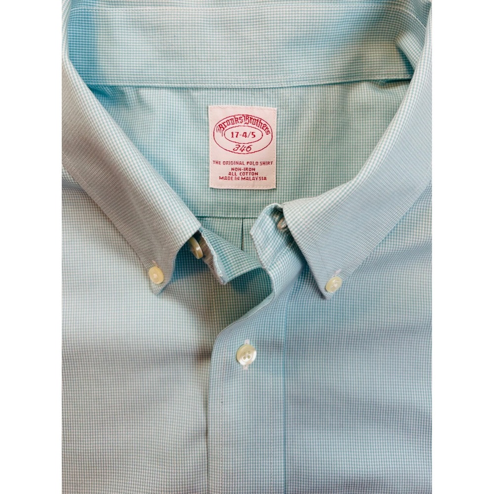 Brooks Brothers 346 Mens Button Down Shirt Aqua Gingham Non Iron Size 17 4/5